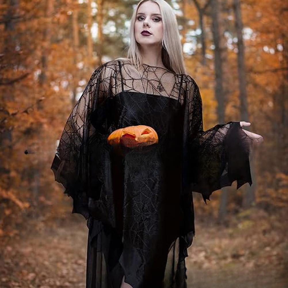2025 New Women Halloween Shawl Spider Web Black Lace Mesh Bat Halloween Home Party Decoration Cloak for Halloween Cosplay