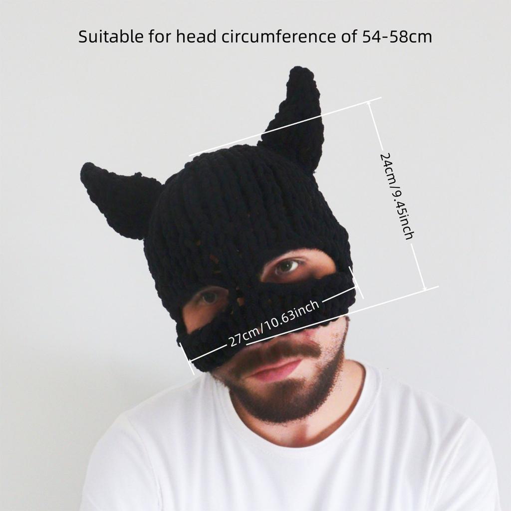 Half Facecover Hat for Women Men Fashion Knitted Horned Hat Winter Warm Windproof Hat Masquerades Party Props Headwear