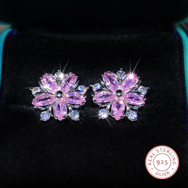 

925 Sterling Silver Micro-Inlaid Sweet Temperament Flower Zircon Earrings For Ladies Party Birthday Jewelry Gifts розовый
