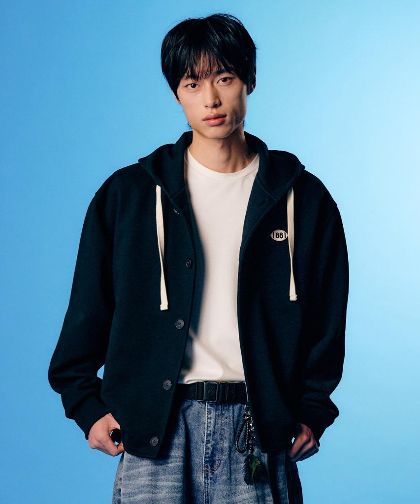 Not Only For Today Numberball Button-Down Sweat Hooded Cardigan [Black]