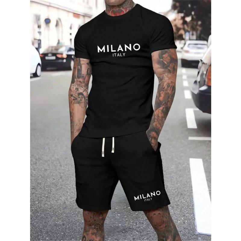 

Man Soild Color Letter Print Sports T-shirt Shorts Set Summer Men s Short Sleeve Top Drawstring Shorts 2-piece Set Plus Size 6XL S