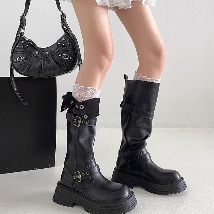 Black retro British style thick heel platform boots women's 2025 autumn and winter new boots tall and thin knight boots