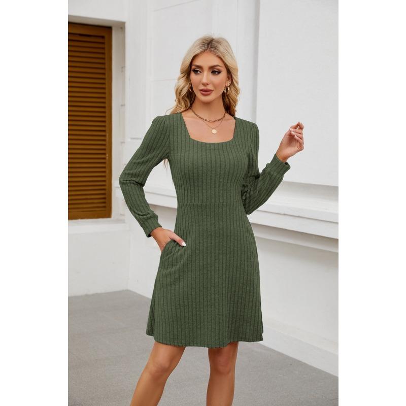 Summer New Product Square Neckline Bag Knitted Sweater Long-sleeved Casual Dress Female YDJR6666
