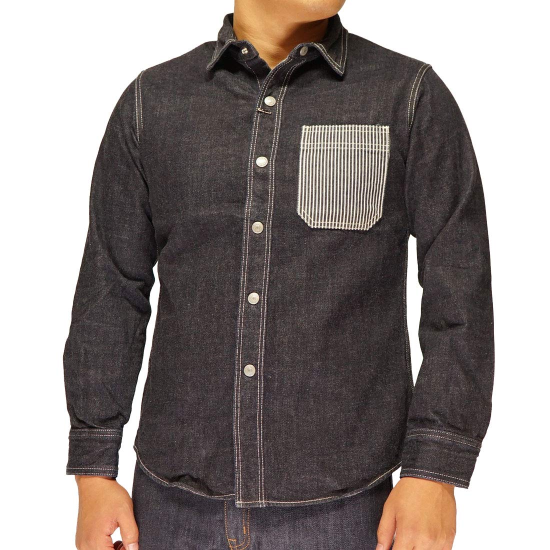 

KOJIMA GENES Джинсовая рубашка хикори рабочая с длинным рукавом с точечными пуговицами Сделано в Японии [Kojima Jeans] Мужская RNB-202RS-Индиго-XL