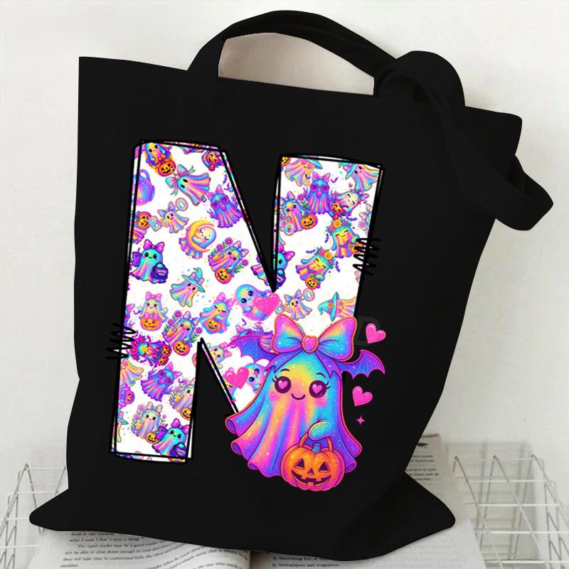 Halloween Alphabet Canvas Bag Going Out Portable Handbag Women's Large Capacity Casual Shoulder Crossbody Bag