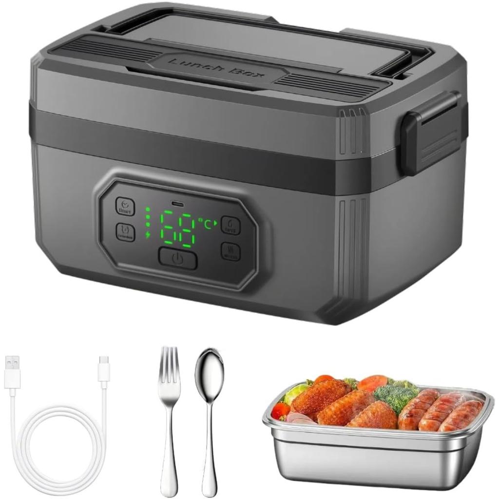 Cordless Electric Lunch Box for Adults 1.6L Portable Heated Food Warmer Rechargeable Stainless Steel Automatic Keep Warm for Office Truck Camping
