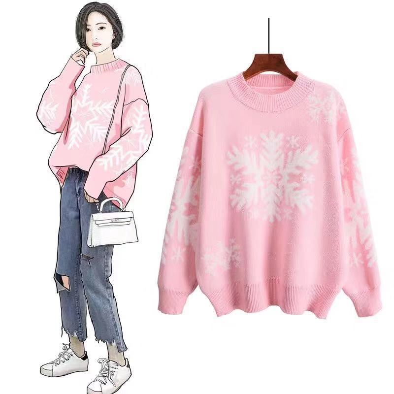Loose Snowflake Turtleneck Sweaters Women Pullover Knitted Sweaters Plus Size Casual Solid Long Sleeve Sweater Coat