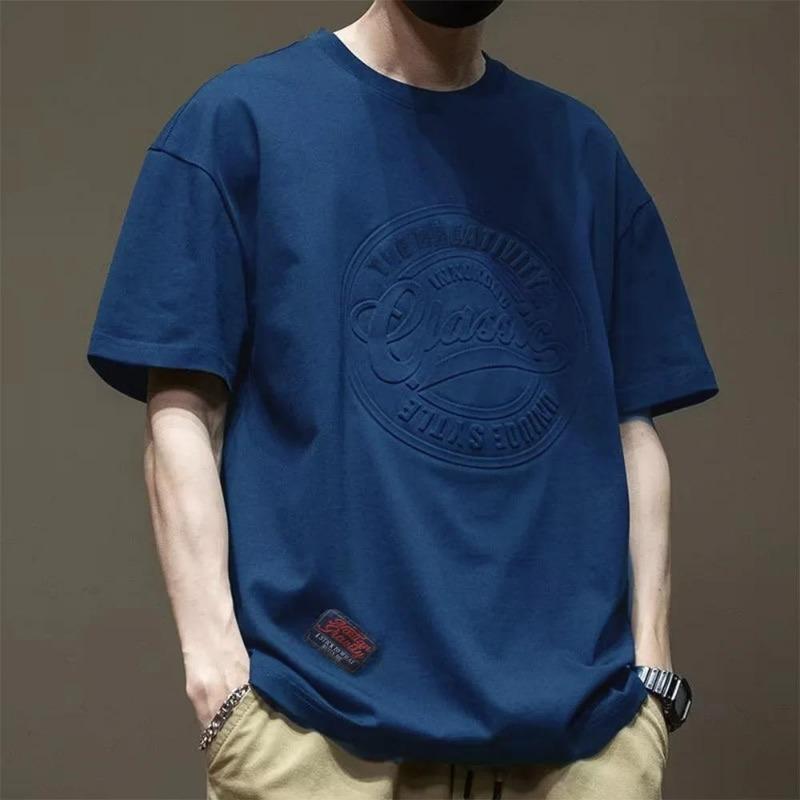 

Мужская футболка с круглым вырезом Мужской однотонный хлопок 100% топы с короткими рукавами Летняя одежда Удобные повседневные футболки Стальной стиль с принтом Asian XXXL темно-синий