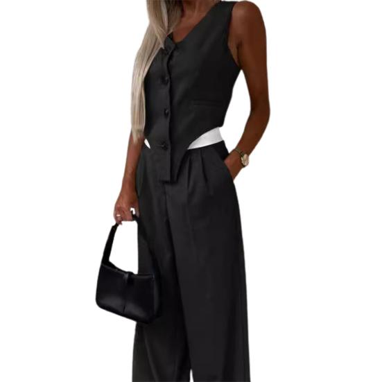 2 Pcs/Set Women Top Pants Suit Sleeveless V Neck Single-breasted Irregular Waistcoat Elastic High