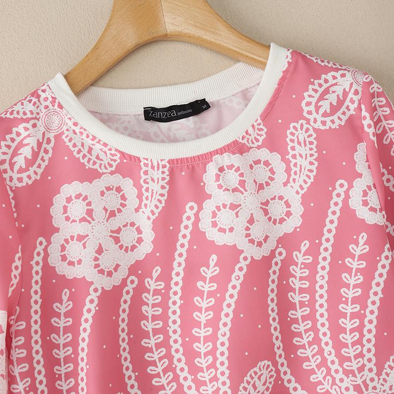 ZANZEA Bluză de vară cu mânecă scurtă și guler rotund pentru femei, casual, cu imprimeu