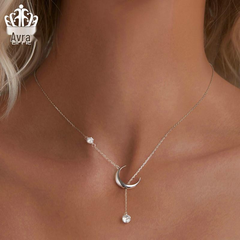 Everle Minimalist Moon Y Necklace: S925 Sterling Silver, Rhodium-Plated, Zircon Adorned Versatile Jewelry for Women.