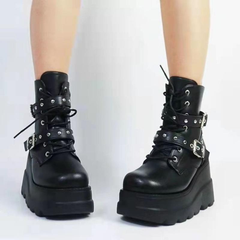 Woman Motorcycle Platform Boots Gothic Shoes New Women's Pu Leather Ankle Boots Women Autumn Winter Round Toe Lace Up Shoes