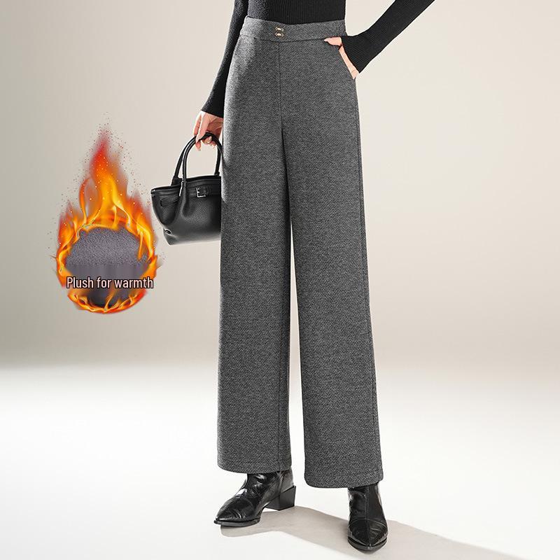 

Mom s High-Waisted Plus Velvet Wool Herringbone Wide-Leg Pants 2XL (Recommended for 105-120 Jin) сірий колір