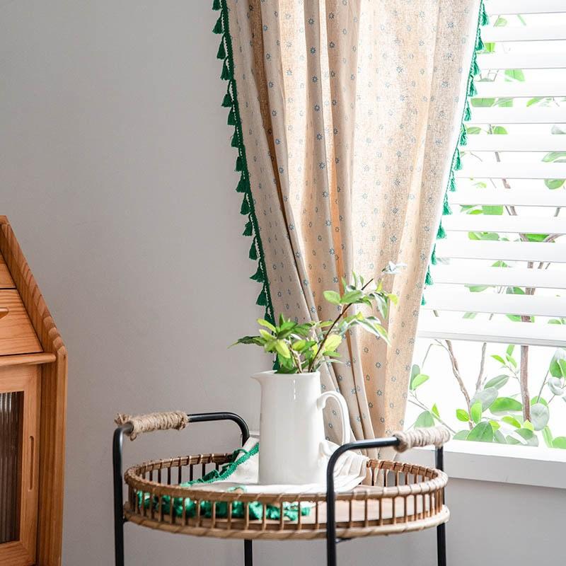 American Style Cotton And Hemp Printing Daisy Kitchen Curtain Green Tassel Semi-shading Study Bedroom Window Finished Curtain