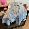 Vintage Denim Striped Oversized Shirt Beautiful Women's Blouses  Collared Shirt for Women's Spring Long Sleeved Top