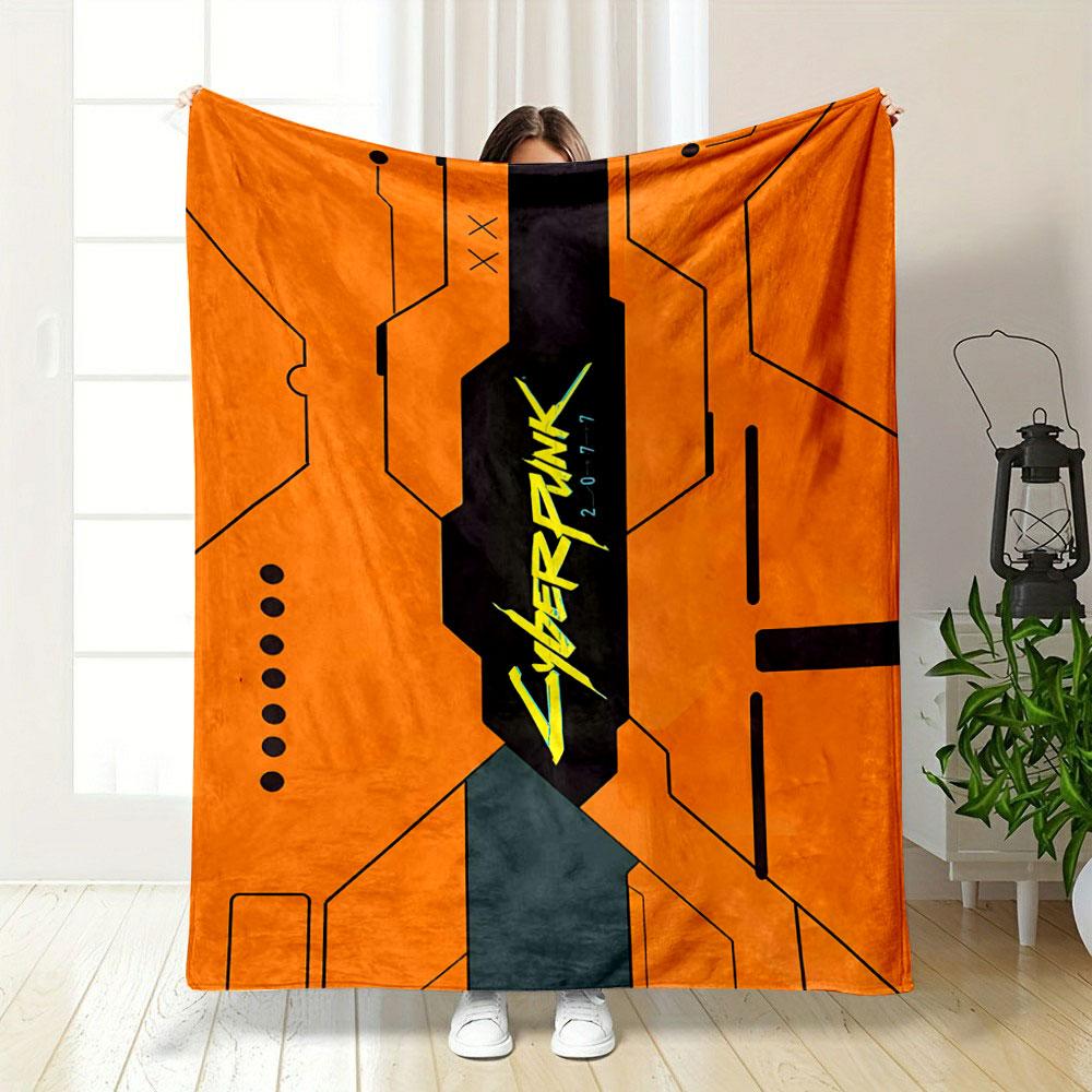 Geometric, Tech-inspired Orange Background with Bold "Cyberpunk 2077" Text. for All Seasons Blanket Lunch Break Throw Gift