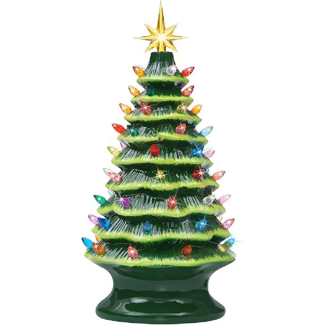 Lakumu 16.5  Table Top Christmas Tree, Hand Painted Resin Christmas Tree with Lights, Pre-lit Xmas Tree Decor Lighted Tabletop Decoration with