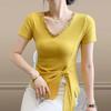 Fashionable Bright Diamond V-neck Slit Irregular Lace-up T-shirt Women Summer New Versatile Top