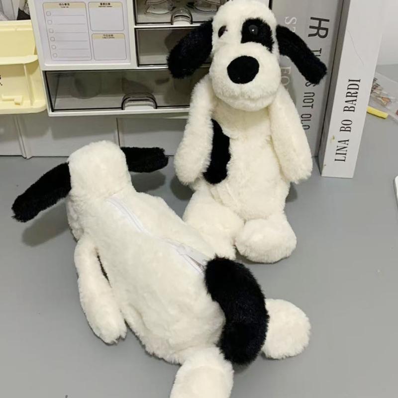 Cute Black White Plush Puppy Pencil Case Cartoon Portable Cosmetic Bag Pencil Bag Storage Bag Stationery Pouch Student Gifts