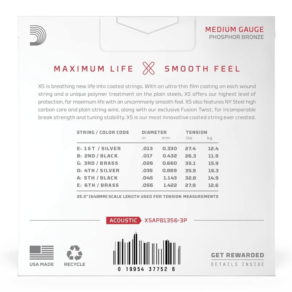 D Addario D'Addario XS Coated Phosphor Bronze Acoustic Guitar Strings Medium .013-.056 XSAPB1356-3P 3-Set Pack