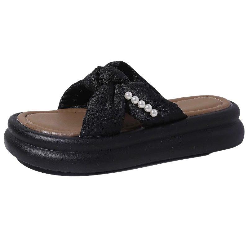 Pearl national style fairy wind cool slippers female 2025 summer new with skirt sandals thick-bottomed beach one-word slippers