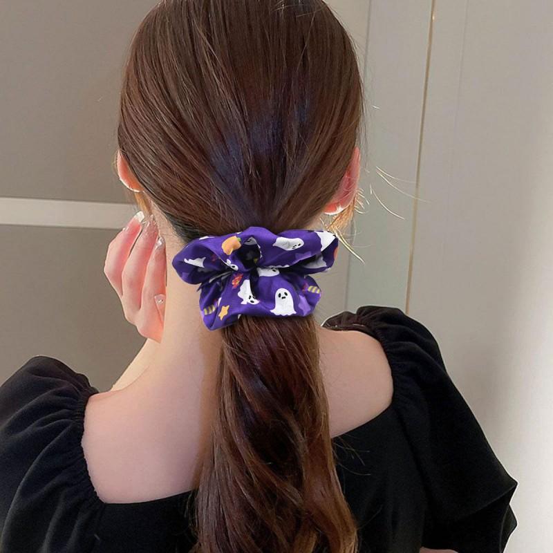Halloween Themed Hair Tie Elastic Scrunchie Women Purple Beige Ghost Pumpkin Moon Design