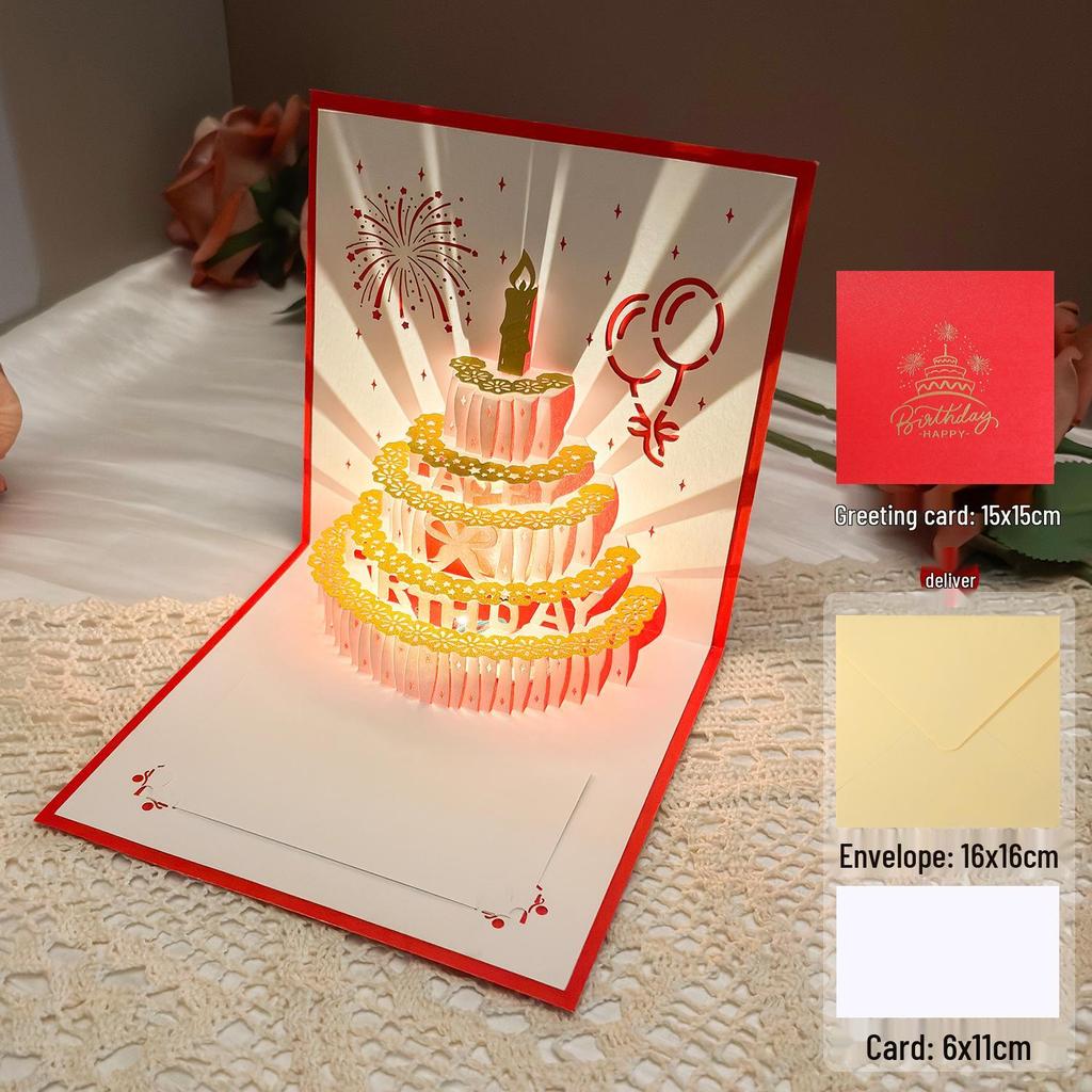 Dźwiękowa kartka urodzinowa 3D Pop-Up ze światłem do nagrywania - Wzór tortu na prezent dla chłopaka/dziewczyny