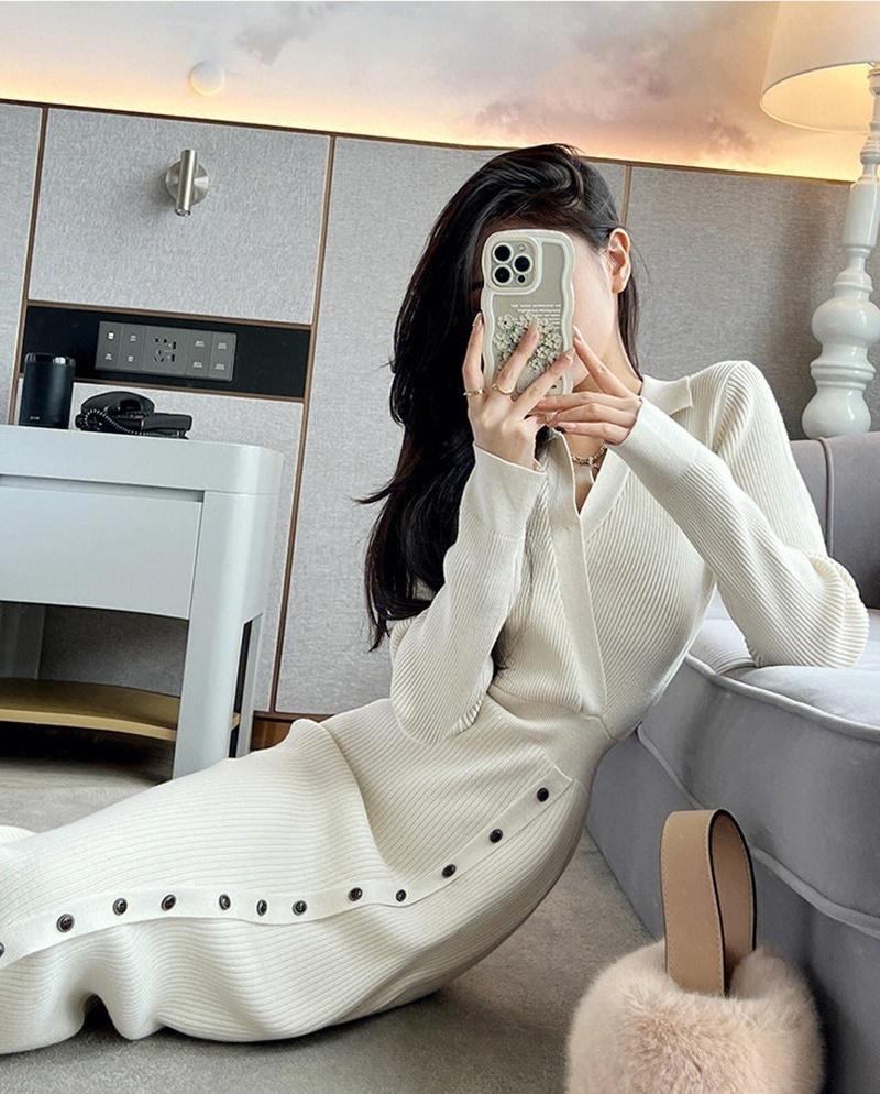 Podzimní a zimní pletené šaty s klopou, slim fit, ke kolenům, pletené šaty s kabátem uvnitř, 4 barvy