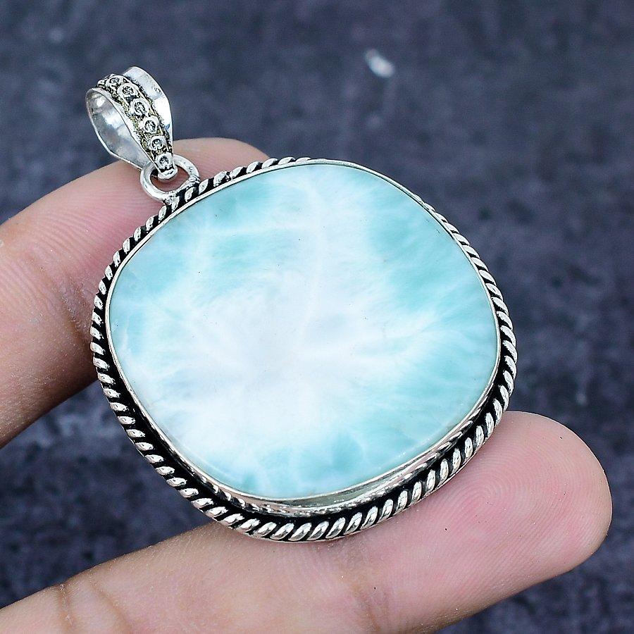 Natural Larimar Gemstone Handmade 925 Sterling Silver Jewelry Pendant 2.05" K6G21