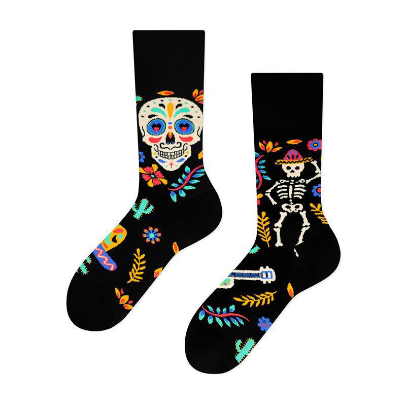 Trendy Asymmetric Mandarin Duck Cotton Socks - Skull Design, Medium-High Tube, for Couples