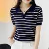 Summer  Turn Down Collar Striped Knitted Sweater Women Pullovers Short Sleeve Knit Sweater Pullover Women Tops