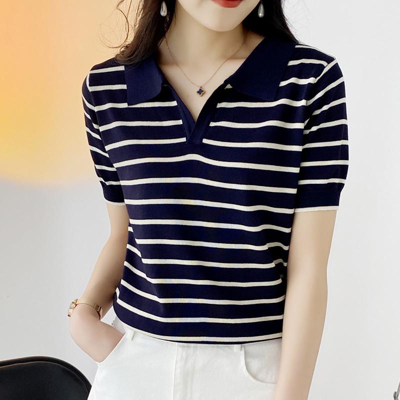 Summer  Turn Down Collar Striped Knitted Sweater Women Pullovers Short Sleeve Knit Sweater Pullover Women Tops
