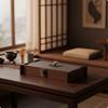 Wood Storage Box with Leather Panel Hand-Finished Tray Metal Handle