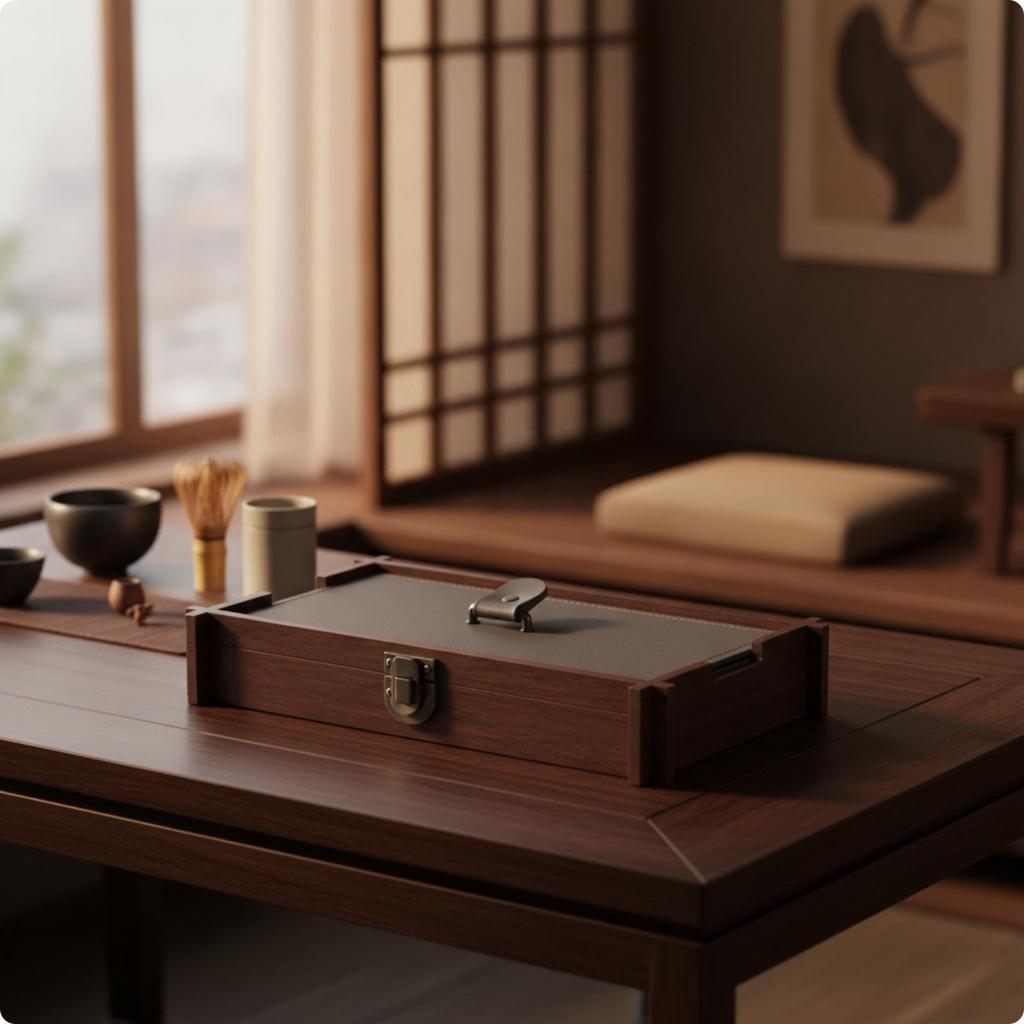 Wood Storage Box with Leather Panel Hand-Finished Tray Metal Handle