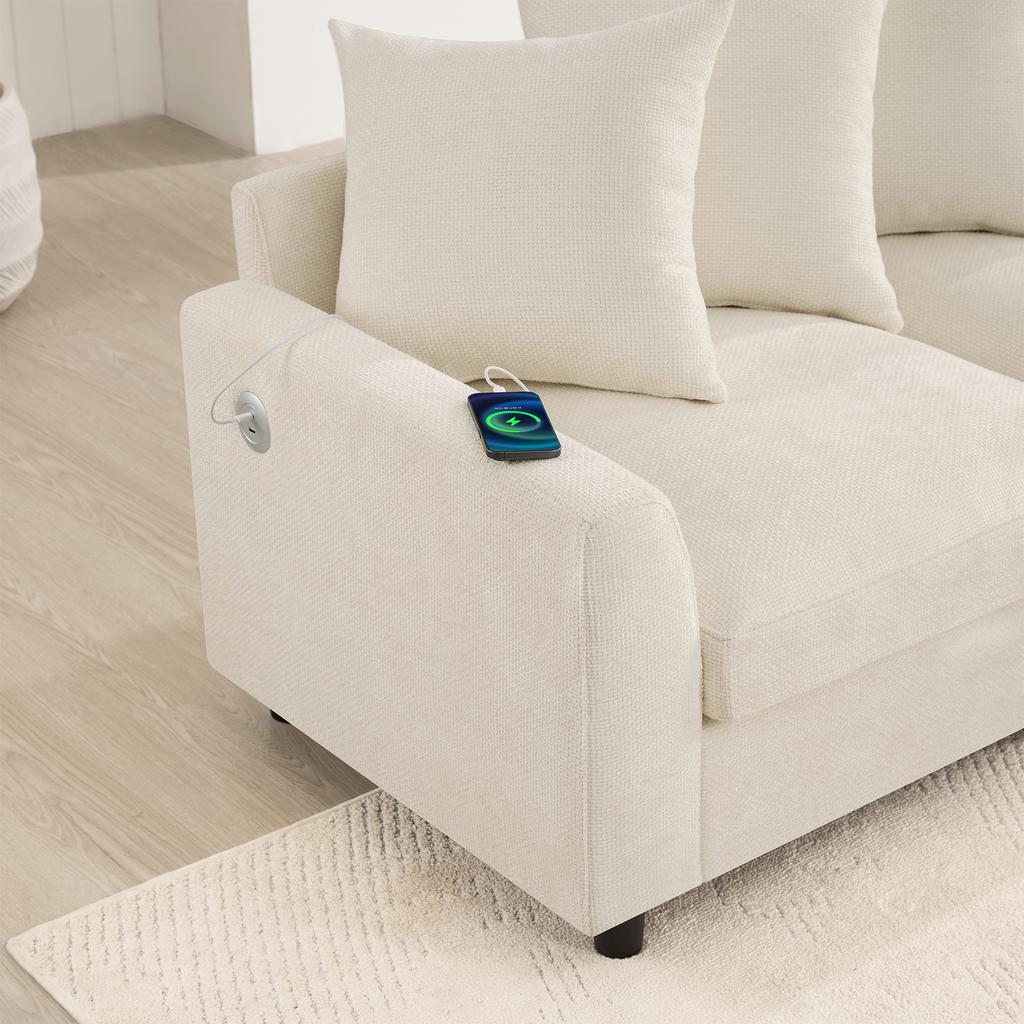 Modular U-/L-Shaped Sofa, 6-Seater, 2 Movable Footstools; USB/Type-C Charging; 8 Adjustable Cushions + 2 Decorative Cushions; Waffle Chenille, Beige