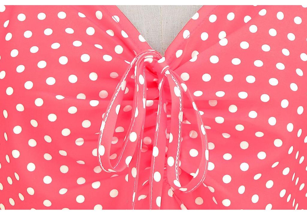 Retro V-neck Short Sleeve Polka Dot Waist-Cinching Dress for Women