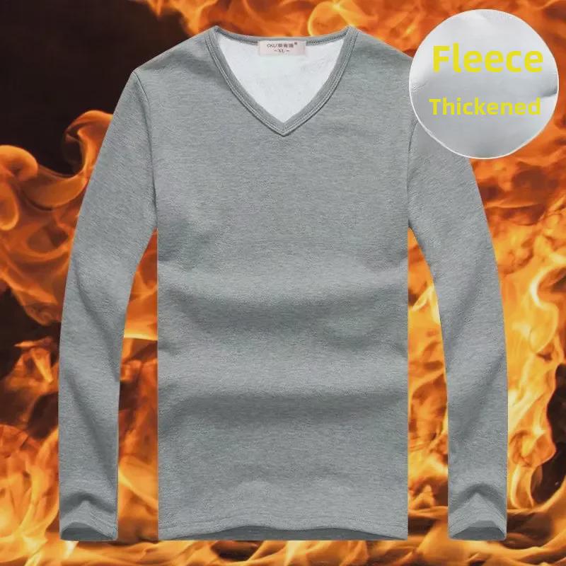 Férfi, V-nyakú, téli termikus hosszú ujjú felső, plusz bársony, vékony szabású, kívül-belül viselhető