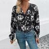 Spring and Autumn Women's Shirt V-neck Fashion Temperament Elegant Black Printed Blouse Long-sleeved Tops