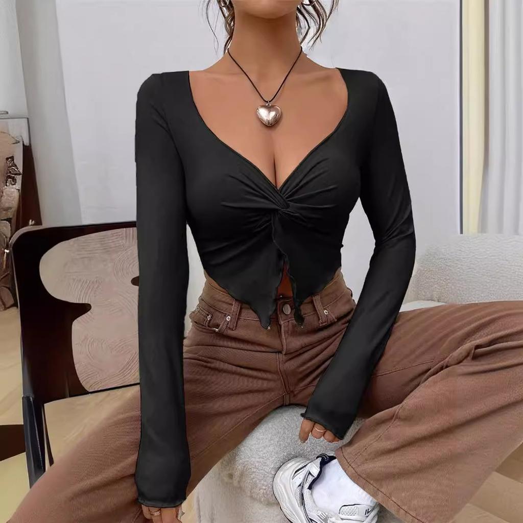 Women's Spring Summer Slim Front Twist Long Sleeve T-Shirt