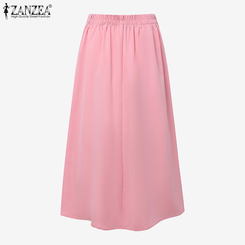 ZANZEA Women Casual Elastic Waist Solid Color Pleated Midi Skirts