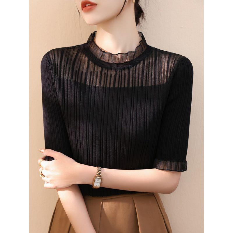 

2025 New Arrival Wooden Ear Half Sleeve Silm Lace Stand Collar Slimming Sweater Summer Thin Half-Sleeved Tops Black S([Recommended 40.00 kg-50.00 kg]])