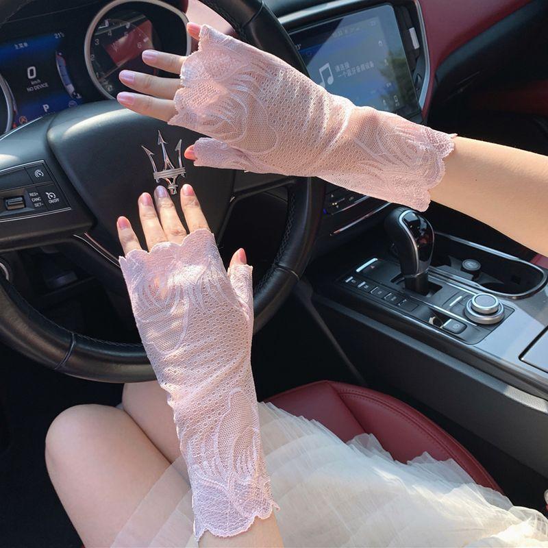 Summer Sun Protection Thin Breathable Ice Feeling Lace Gloves Women's Half Finger Sun Protection Hand Guard Short Wristband Driving Wrist Strap