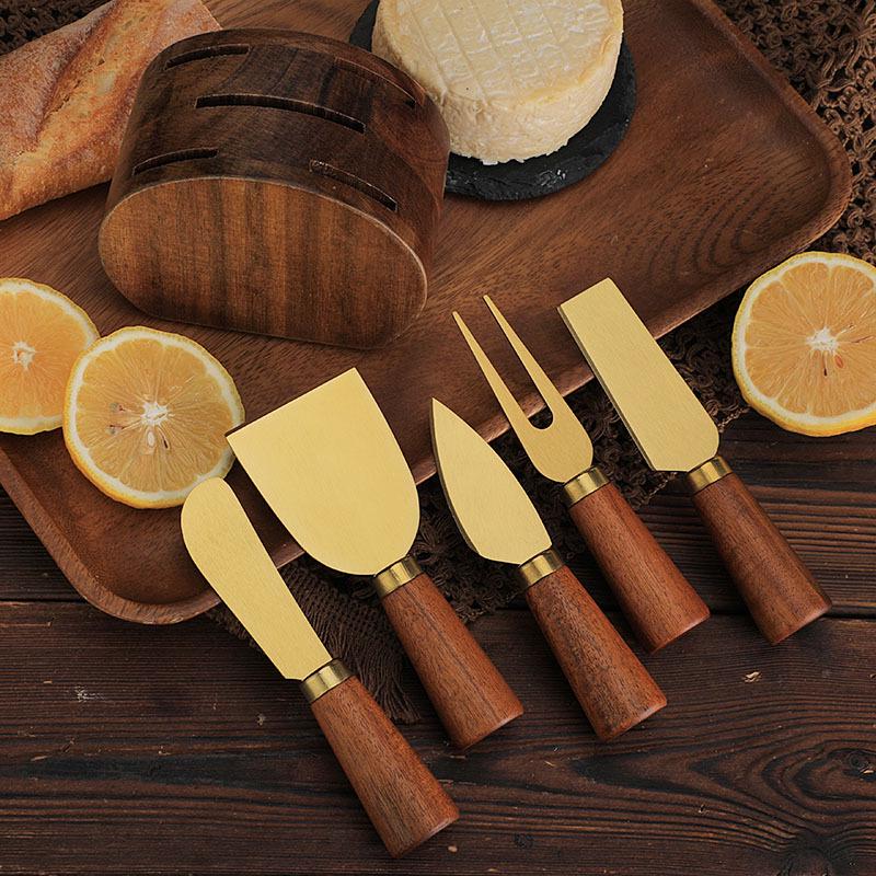 Stainless Steel & Acacia Wood Cheese Knife Set with Storage Base - 6-Piece