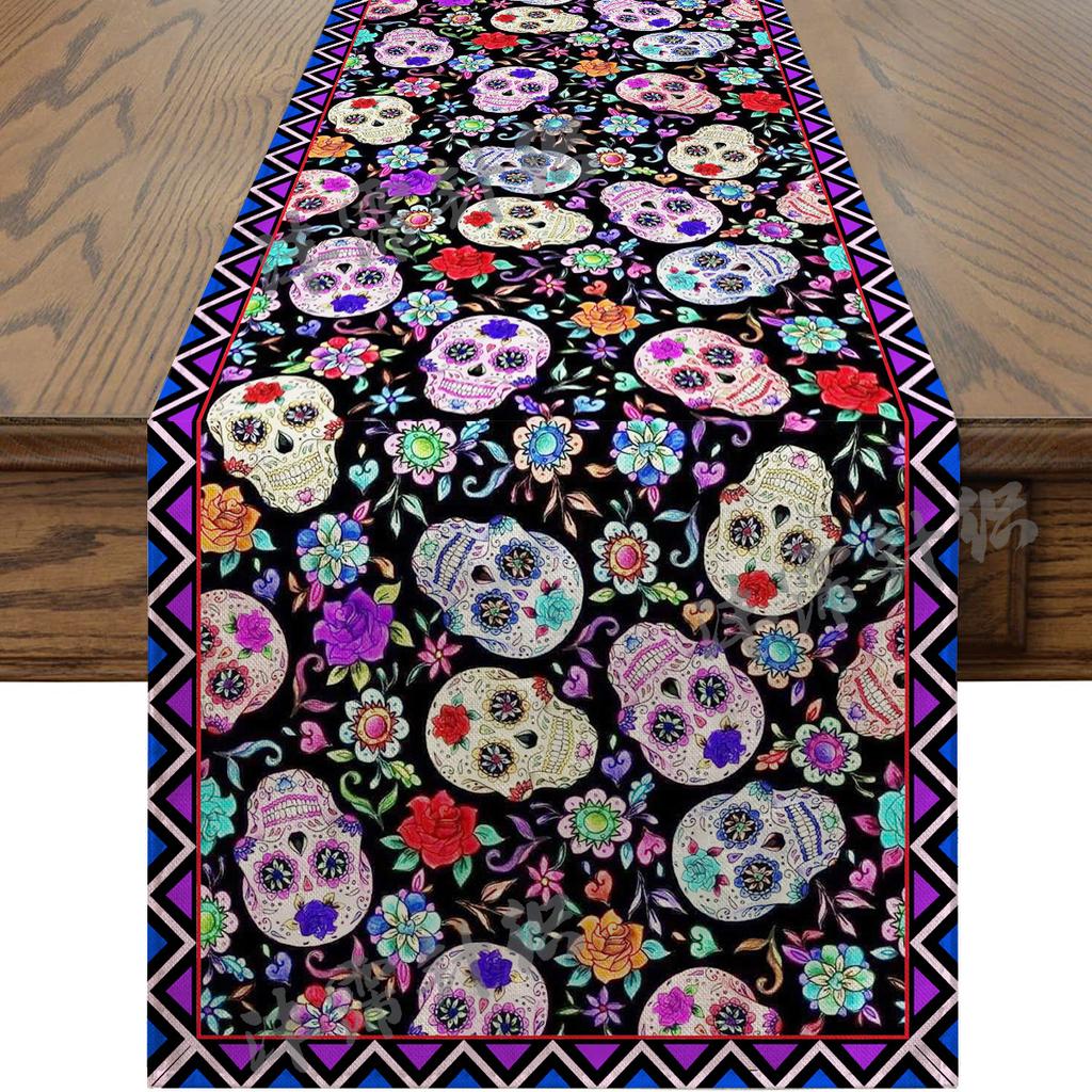 Halloween Table Runner Faux Linen Long Strip Day of the Dead Christmas Holiday Dining Decor