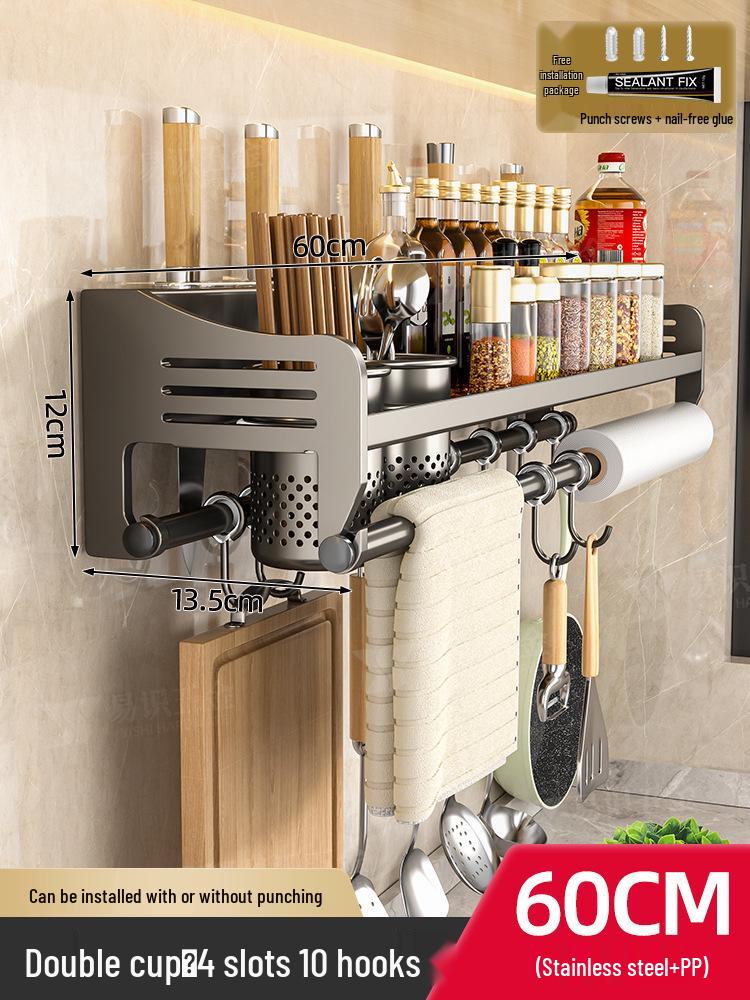 Lochfreies Wandmontiertes Küchenregal aus Edelstahl zur Aufbewahrung von Gewürzen, Essstäbchen und Messern