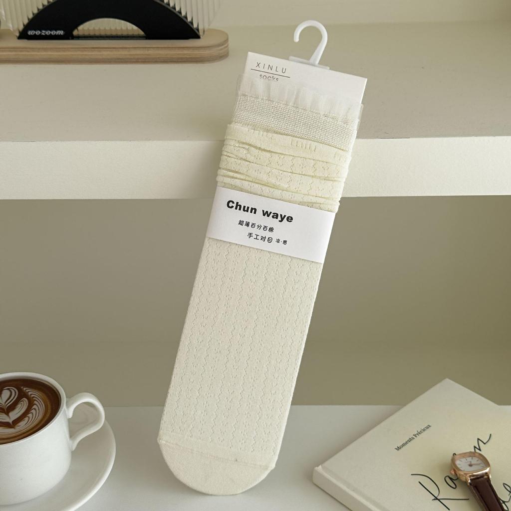 Girls' Summer Lace-Trimmed Mesh Socks - Breathable, Mid-Calf, Japanese Ballet Style