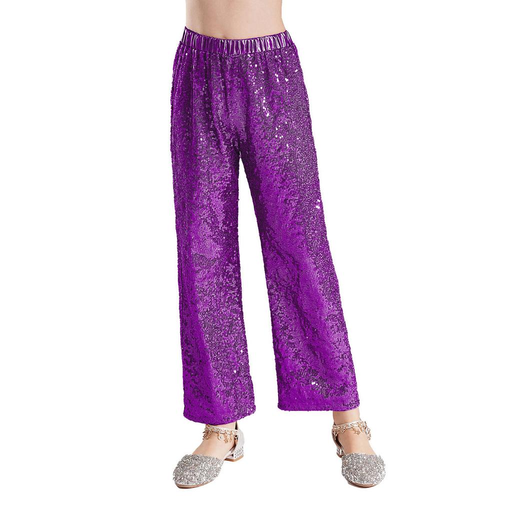 Girls Shiny Sequin Pants High Waist Elastic Waistband Loose Trousers Jazz Dance Performance Trousers