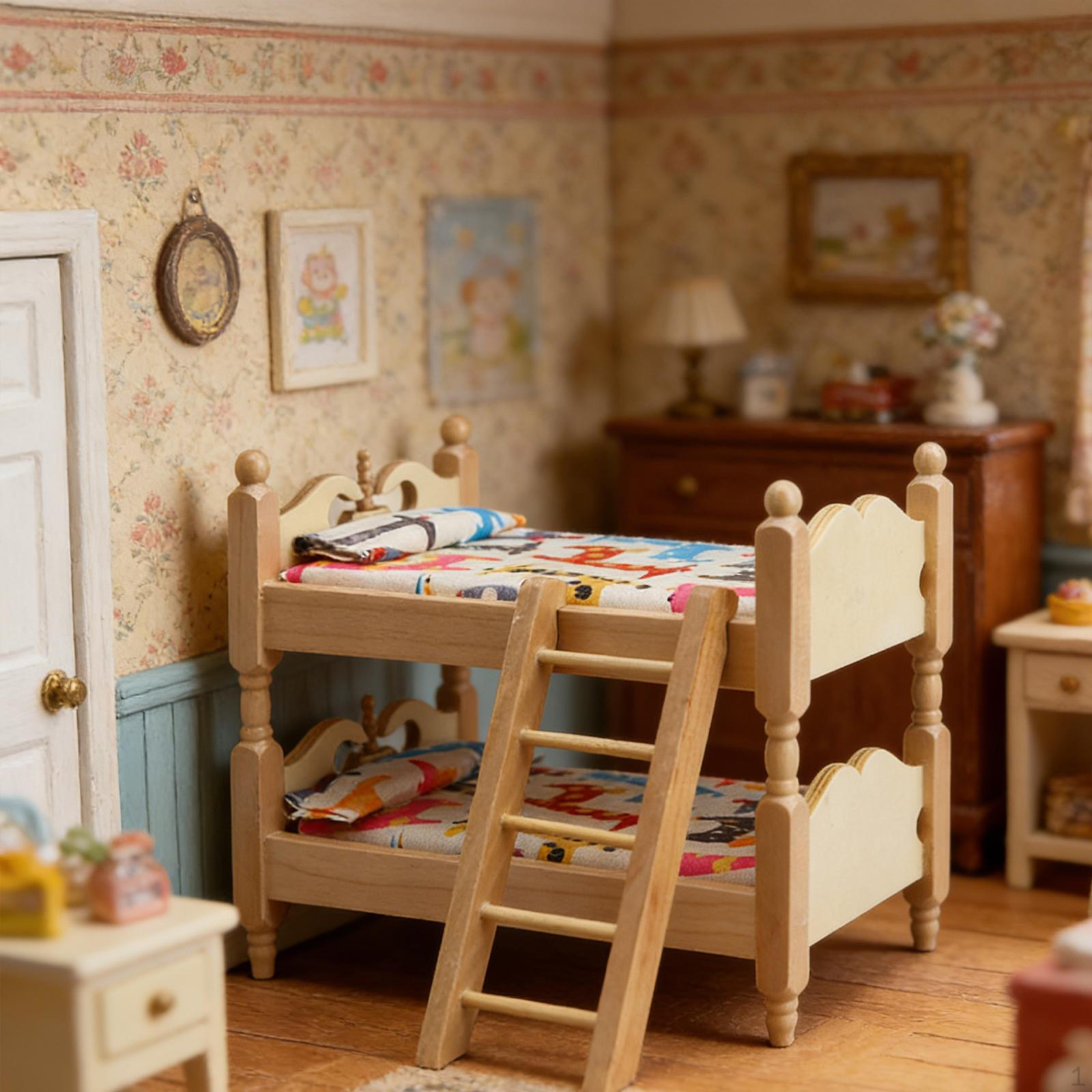 

1/12 Scale Wooden Bunk Bed with Ladder Doll House Decoration Simulation Sturdy Lightweight Kids Room