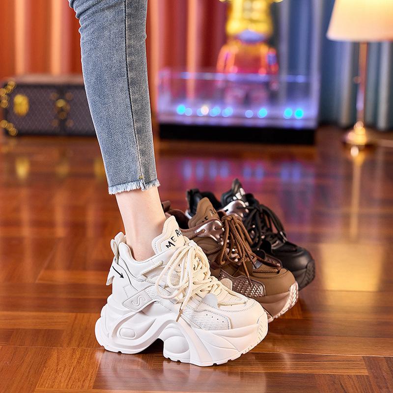 Leather inner height increase 8cm dad shoes women's 2025 spring and autumn new thick-soled height increase versatile casual velvet sports shoes