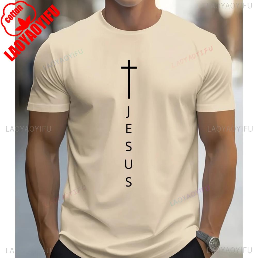 Mens Summer High Quality Cotton Tops Fashionable Casual Loose Large Cross and Jesus Letter Printed Sports Round Neck Tops